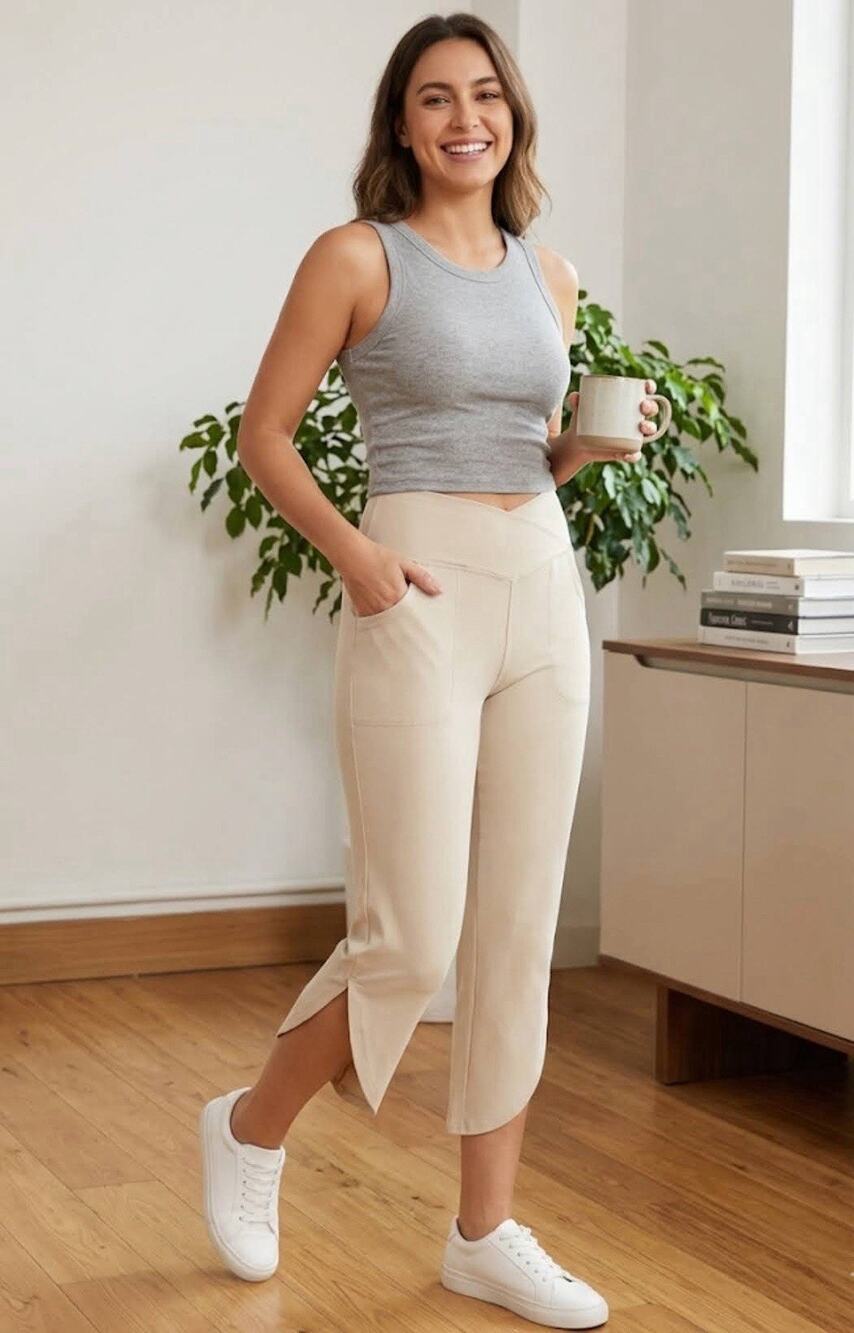 G4Free Women's XL Beige Capri Leggings Crop Wide Leg Yoga Pants Crossover Waist